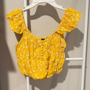 Forever 21 Yellow Printed Puff Sleeve Crop Top